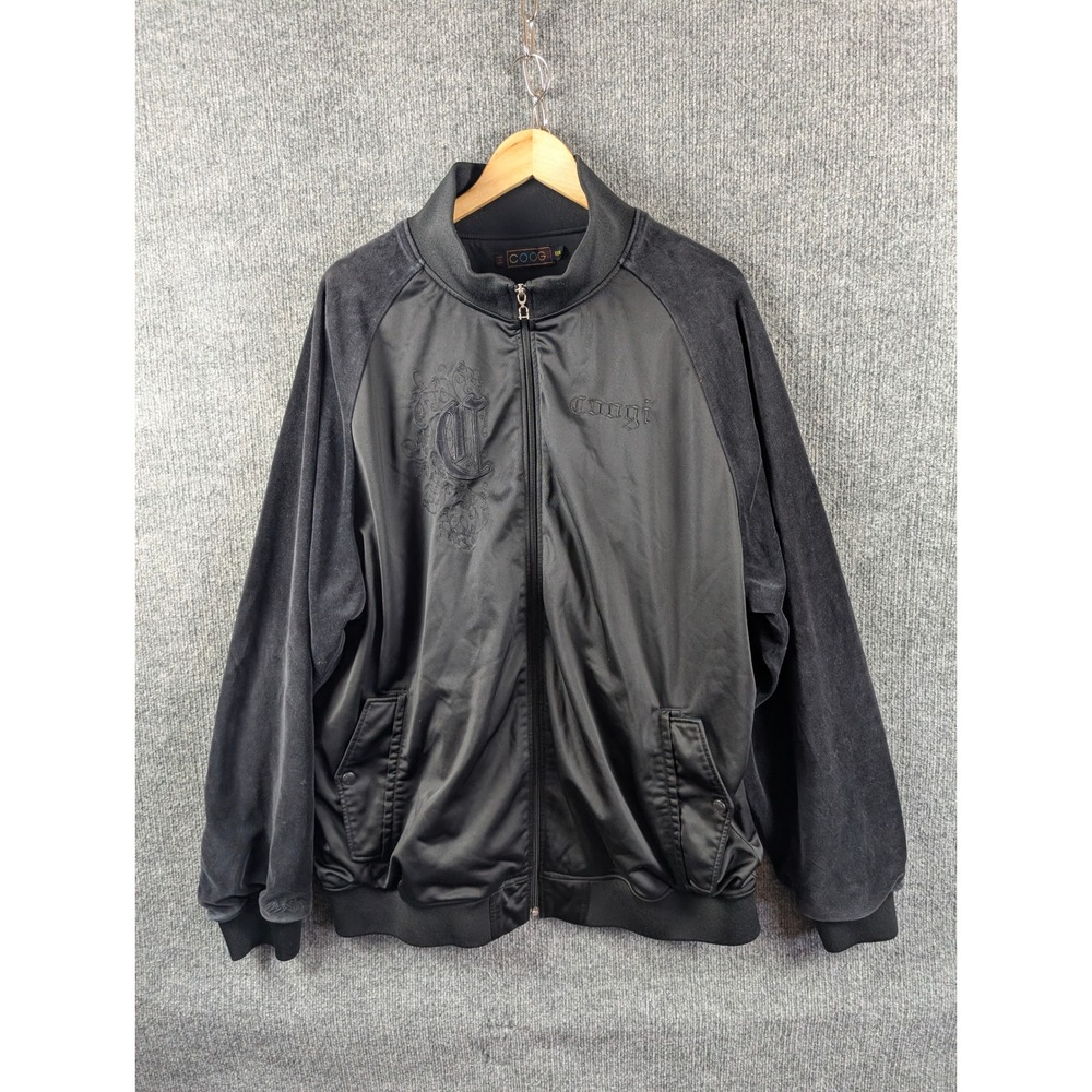 Vintage Coogi Men Black Track Jacket Velvet Sleeve Embroidered Logo Y2K XXL